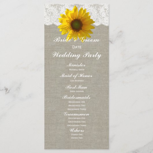 Country Linen Sunflower Lace Hochzeitsprogramm Programm (Vorderseite)