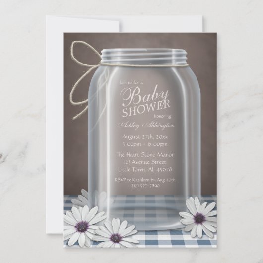 Country Mason Jar Blue Gingham Baby Dusche Einladung (Vorderseite)