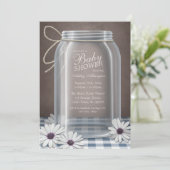 Country Mason Jar Blue Gingham Baby Dusche Einladung (Stehend Vorderseite)