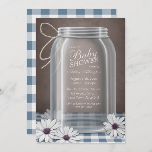 Country Mason Jar Blue Gingham Baby Dusche Einladung (Vorne/Hinten)