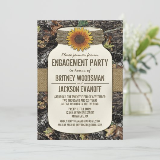 Country Mason Jar Camouflage Engagment Party Einla Einladung (Stehend Vorderseite)