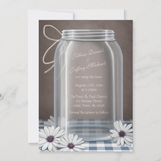 Country Mason Jar Daisy Blue Brown Wedding Einladung (Vorderseite)