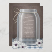 Country Mason Jar Daisy Blue Brown Wedding Einladung (Vorne/Hinten)