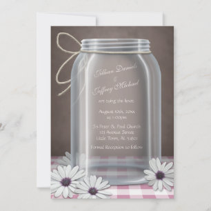 Country Mason Jar Daisy Pink Gingham Wedding Einladung