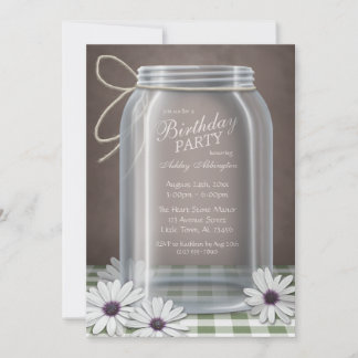 Country Mason Jar Green Gingham Birthday Party Einladung