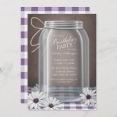 Country Mason Jar Lila Gingham Birthday Party Einladung (Vorne/Hinten)