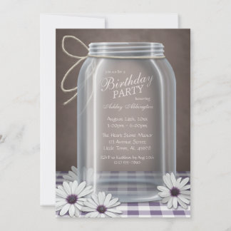 Country Mason Jar Lila Gingham Birthday Party Einladung