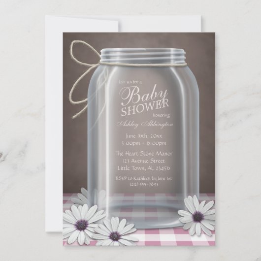 Country Mason Jar Pink Gingham Baby Dusche Einladung (Vorderseite)
