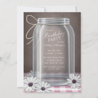 Country Mason Jar Pink Gingham Birthday Party Einladung