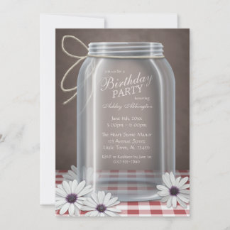 Country Mason Jar Red Gingham Birthday Party Einladung
