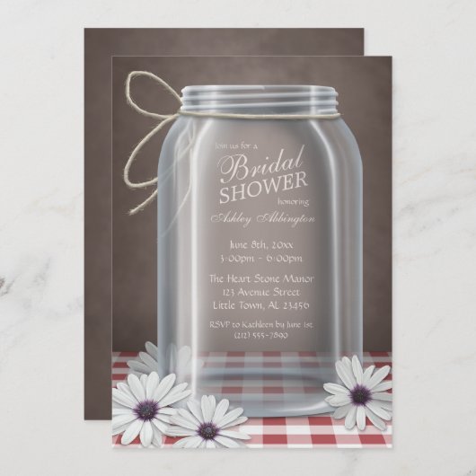 Country Mason Jar Red Gingham Brautparty Einladung (Vorne/Hinten)