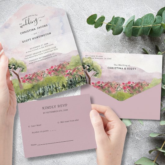 Country Meadow Dusty Rose Wasserfarbenhochzeit All In One Einladung