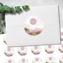 Country Meadow Watercolor Wedding Simple Monogram Runder Aufkleber