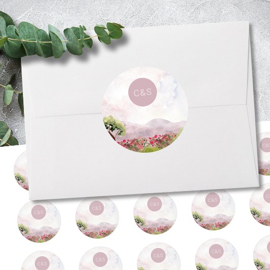 Country Meadow Watercolor Wedding Simple Monogram Runder Aufkleber