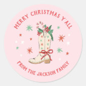 Country Merry Christmas Y'all Cowboy Boot Gift Runder Aufkleber (Vorderseite)