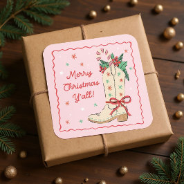 Country Merry Christmas Y'all Cowboy Boot Quadratischer Aufkleber