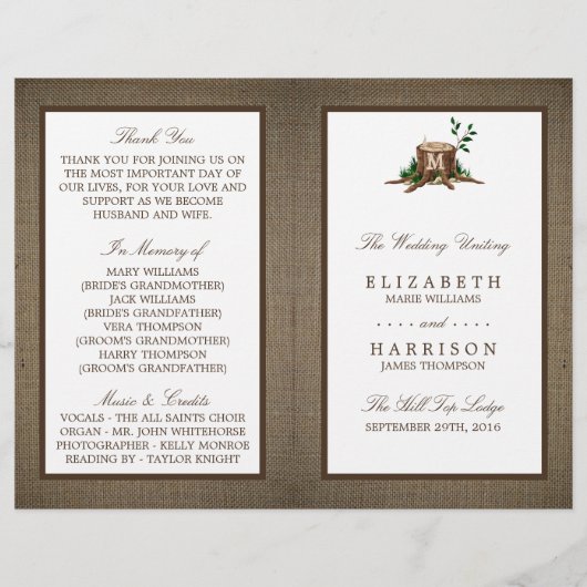 Country Monogram Tree & Burlap Wedding Programm (Vorderseite)