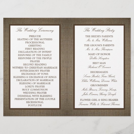 Country Monogram Tree & Burlap Wedding Programm (Rückseite)