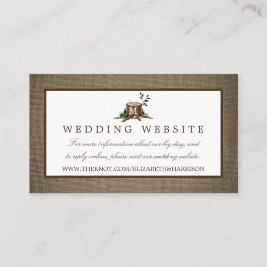 Country Monogram Tree & Burlap Wedding Website Begleitkarte (Vorderseite)
