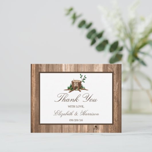 Country Monogram Tree & Wood Wedding Vielen Dank Postkarte (Stehend Vorderseite)