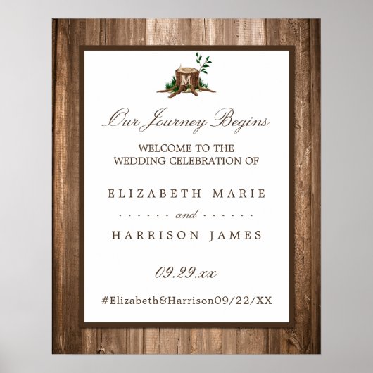 Country Monogram Tree & Wood Wedding Willkommen Poster (Vorne)