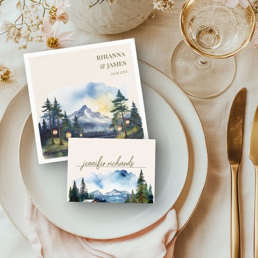 Country Mountain Forest Wasserfarbe Platzkarte