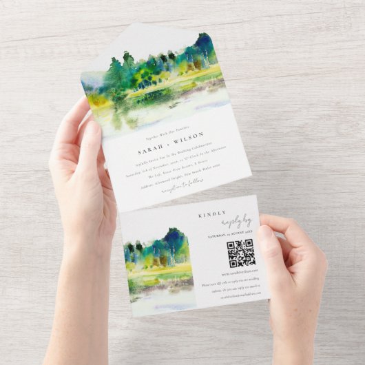 Country Mountains River Landscape Wedding QR Code All In One Einladung (Abreißen)