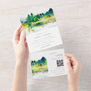 Country Mountains River Landscape Wedding QR Code All In One Einladung