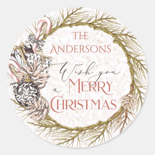 Country Pine Candy Cane Frohe Weihnachten Runder Aufkleber (Vorderseite)