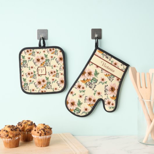 Country Pink and Rust Floral Watercolor Ofenhandschuh & Topflappen-Set (Insitu (Hängend))