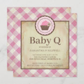 Country Pink Gingham und Cupcake Baby Q Picnic Einladung (Vorne/Hinten)