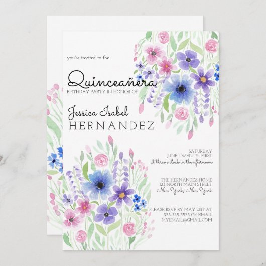 Country Pink Lila Floral Aquarell Quinceñera Einladung (Vorne/Hinten)