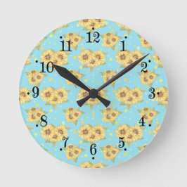 Country Powder Blue Yellow Sunflowers Wall Clock Runde Wanduhr