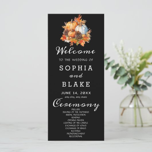 Country Pumpkins Fall Black Wedding Program (Stehend Vorderseite)