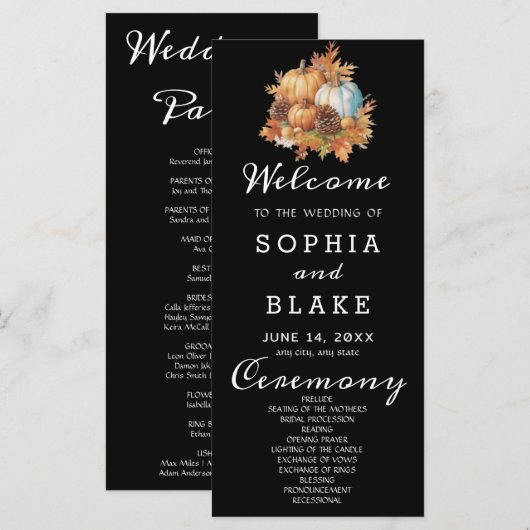 Country Pumpkins Fall Black Wedding Program (Vorne/Hinten)