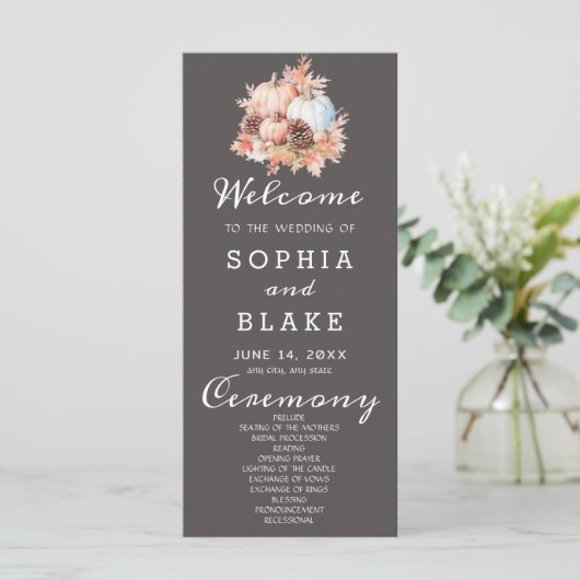 Country Pumpkins Fall Gray Wedding Program (Stehend Vorderseite)