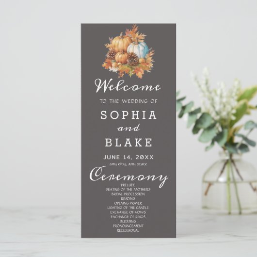 Country Pumpkins Fall Wolf Gray Wedding Program (Stehend Vorderseite)