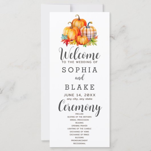 Country Pumpkins Kariert Fall White Wedding Progra (Vorderseite)