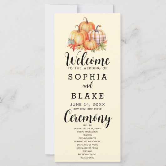 Country Pumpkins Kariert Fall Yellow Wedding Progr (Vorderseite)