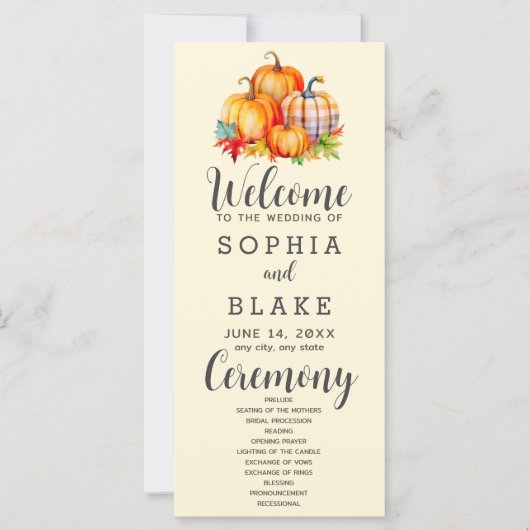 Country Pumpkins Kariert Fall Yellow Wedding Progr (Vorderseite)