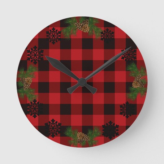 Country red and black plaid pine cone runde wanduhr (Vorderseite)