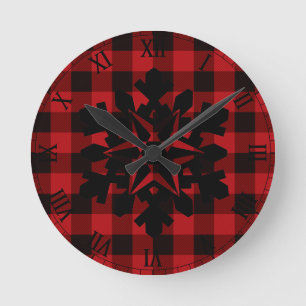 Country red and black plaid -snowflake runde wanduhr