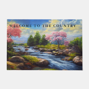 Country River Landscape Apple Trees Rock Shore Fußmatte