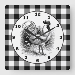 Country Rooster black white check clock Quadratische Wanduhr