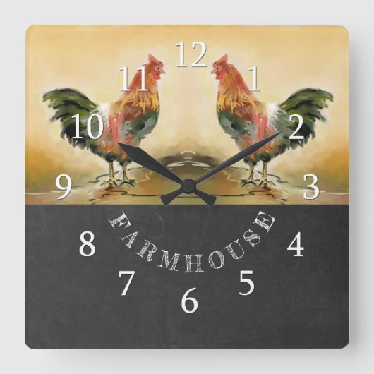 Country Rooster Chalkboard Bauernhof Quadratische Wanduhr (Vorderseite)