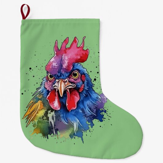 Country Rooster Chicken Watercolor Stil Großer Weihnachtsstrumpf (Vorderseite)