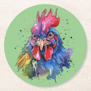 Country Rooster Chicken Watercolor Stil Runder Pappuntersetzer