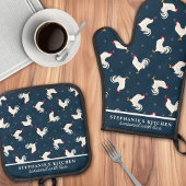 Country Roosters Pattern Navy Personalisiert Ofenhandschuh & Topflappen-Set