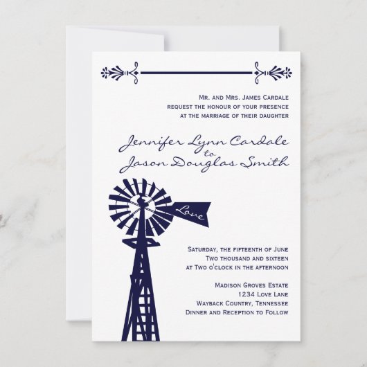 Country Rural Windmill Navy Hochzeitseinladungen Einladung (Vorderseite)