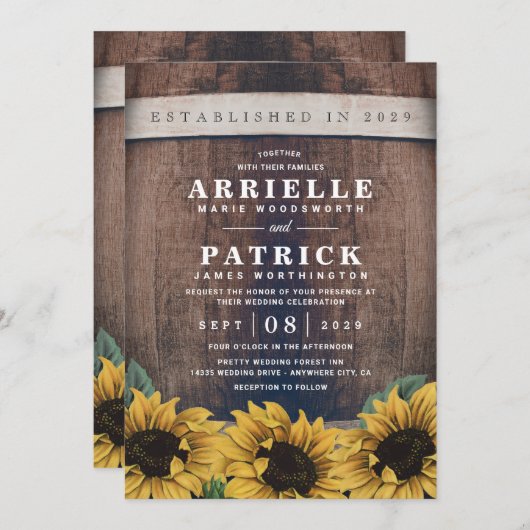 Country Rustic Barrel Vintag Sonnenblumenhochzeit Einladung (Vorne/Hinten)